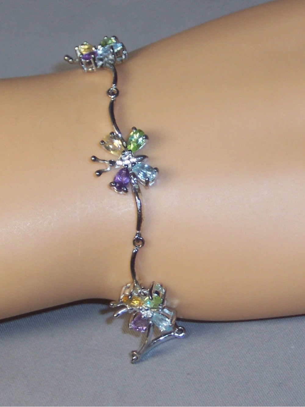Sterling Silver Peridot, Amethyst, Citrine & Blue Topaz Butterfly Bracelet, 7”